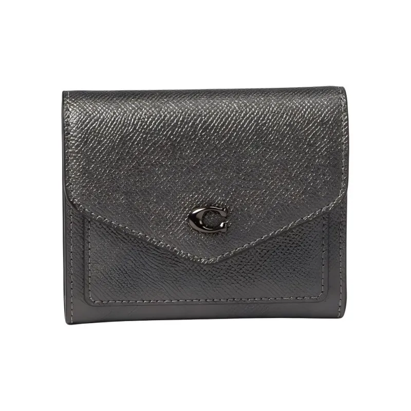COACH Wyn Metallic-Feel Twill Leather Coin Purses Wallets Small Size Women's Dark Gray-1