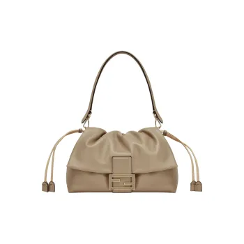 FENDI Baguette Lambskin Handbag Shoulder Bag Large Size Women's Gray