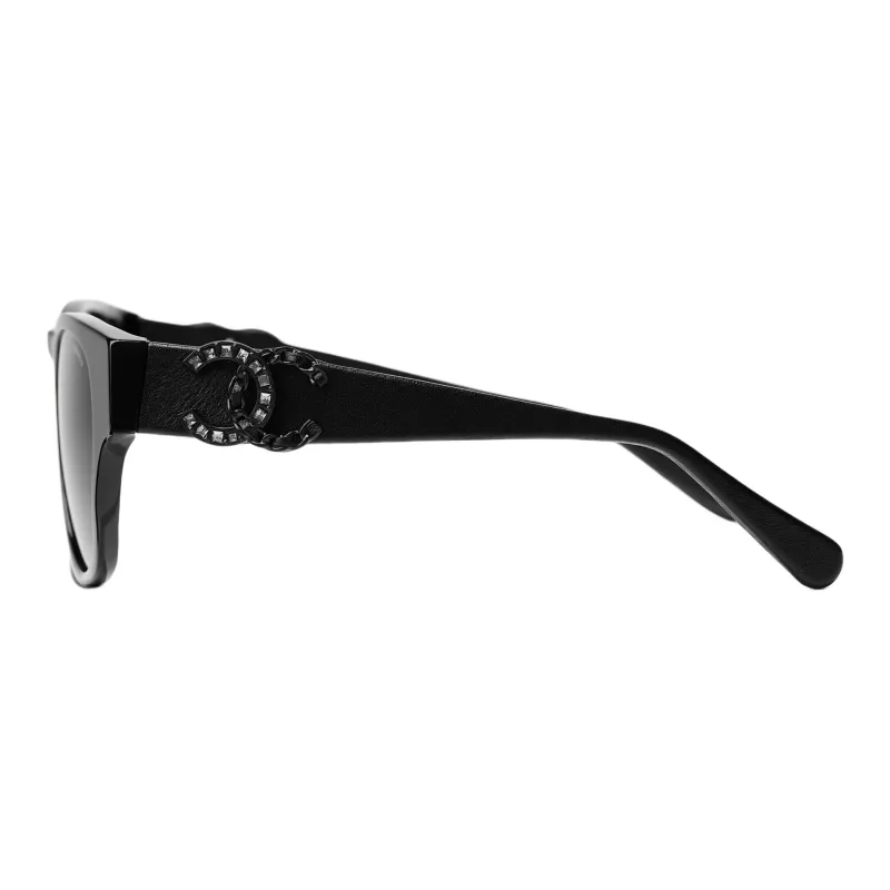 CHANEL Plate Frame Leather Oval Sunglasses Unisex Black-2