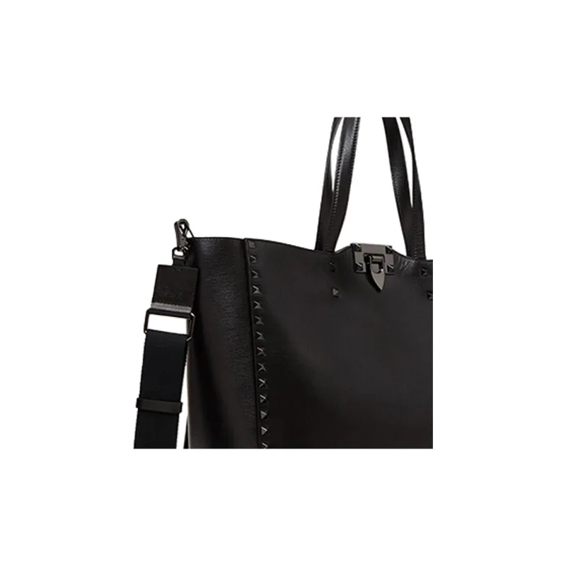Valentino ROCKSTUD Grained Calfskin Tote Bag Shopping Bag Shoulder Bag Handbag Men's Black-4