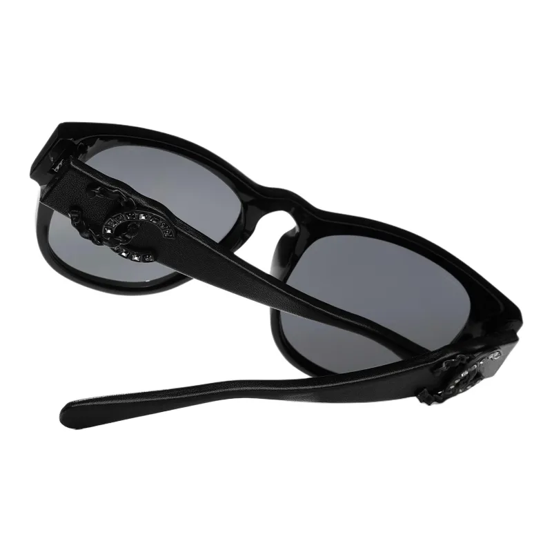 CHANEL Plate Frame Leather Oval Sunglasses Unisex Black-4