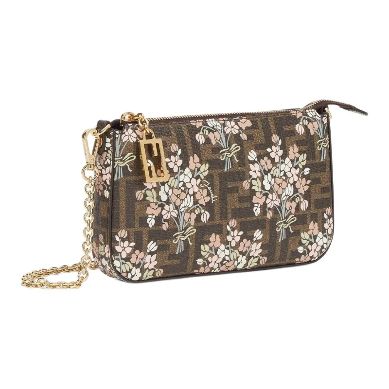 FENDI Baguette Polyurethane One Shoulder Crossbody Clutches Women's Brown-1