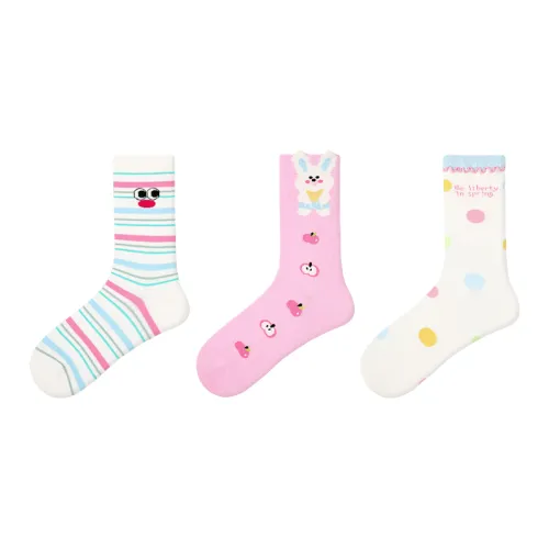 Vine Color Mid Calf Socks Unisex 3 Pack Coconut Bunny