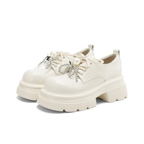 JOSINY Platform Advanced Sensory Princess Small Leather Shoes Fashion Versatile Loafers Heel Height 6.5cm Women's Ecru