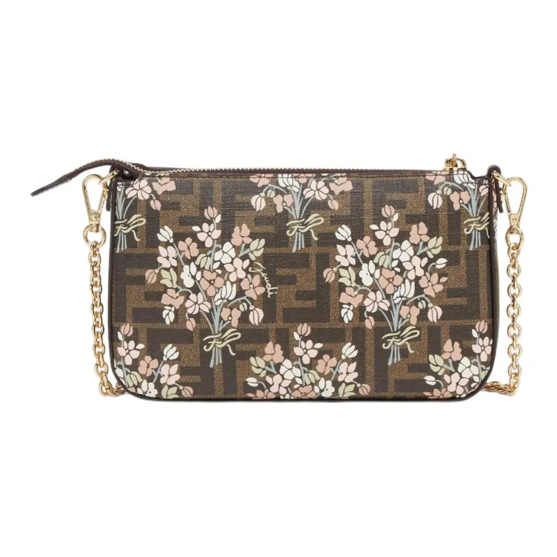 FENDI Baguette Polyurethane One Shoulder Crossbody Clutches Women's Brown-3