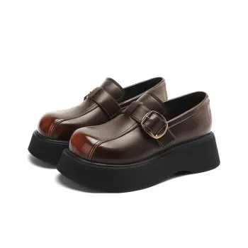 JOSINY British Style Advanced Touch Small Leather Shoes Fashion Versatile Loafers Heel Height 5cm Women's Brown