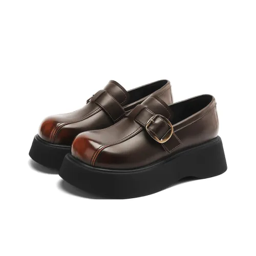 JOSINY British Style Advanced Touch Small Leather Shoes Fashion Versatile Loafers Heel Height 5cm Women's Brown