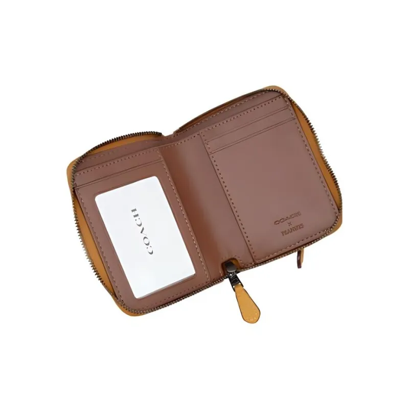 COACH Peanuts Snoopy Collaboration Zip Around Pebbled Leather Card Holder Wallet Women's Brown-4