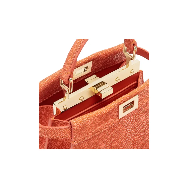 FENDI Peekaboo ISeeU Devil Fish Leather Shoulder Bag Crossbody Bag Handbag Extra Small Women's Orange-4