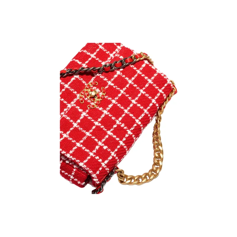 CHANEL 23C Spring 19 Bag Cotton Tweed Handbag, Shoulder Bag, Crossbody Bag Women's Red/White-4