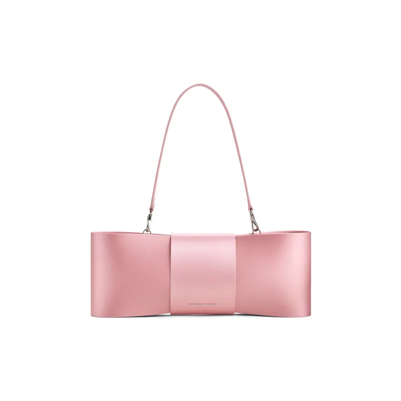 CHARLES&KEITH Satin Patchwork Fabric Shoulder Bag Medium Size Women's Noir Black/Flamingo Pink-6