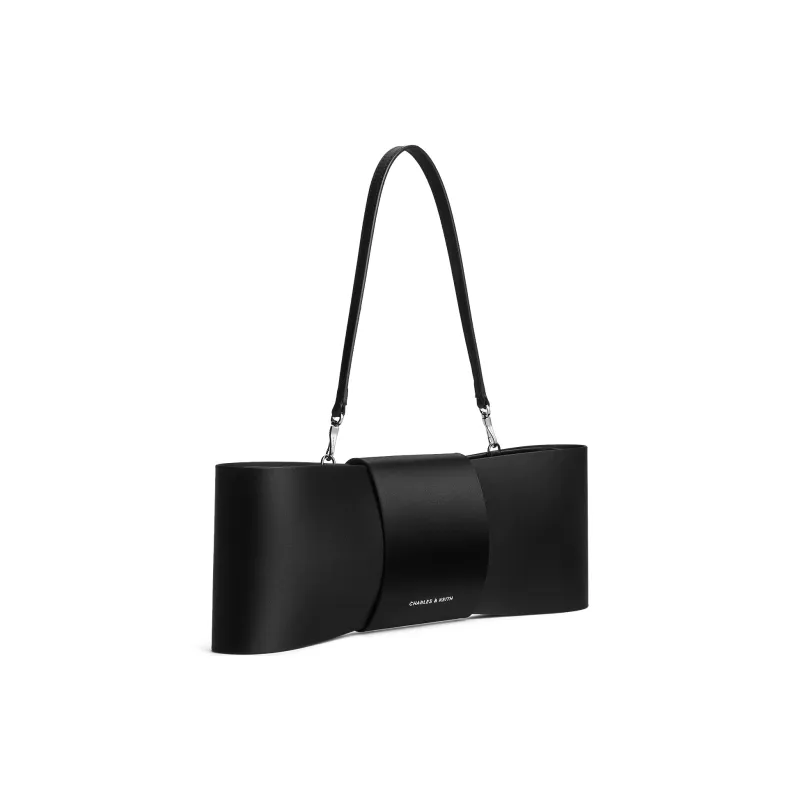 CHARLES&KEITH Satin Patchwork Fabric Shoulder Bag Medium Size Women's Noir Black/Flamingo Pink-1