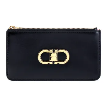 FERRAGAMO GANCINI Palm Calfskin Card Holder Women's Black & Flame Red