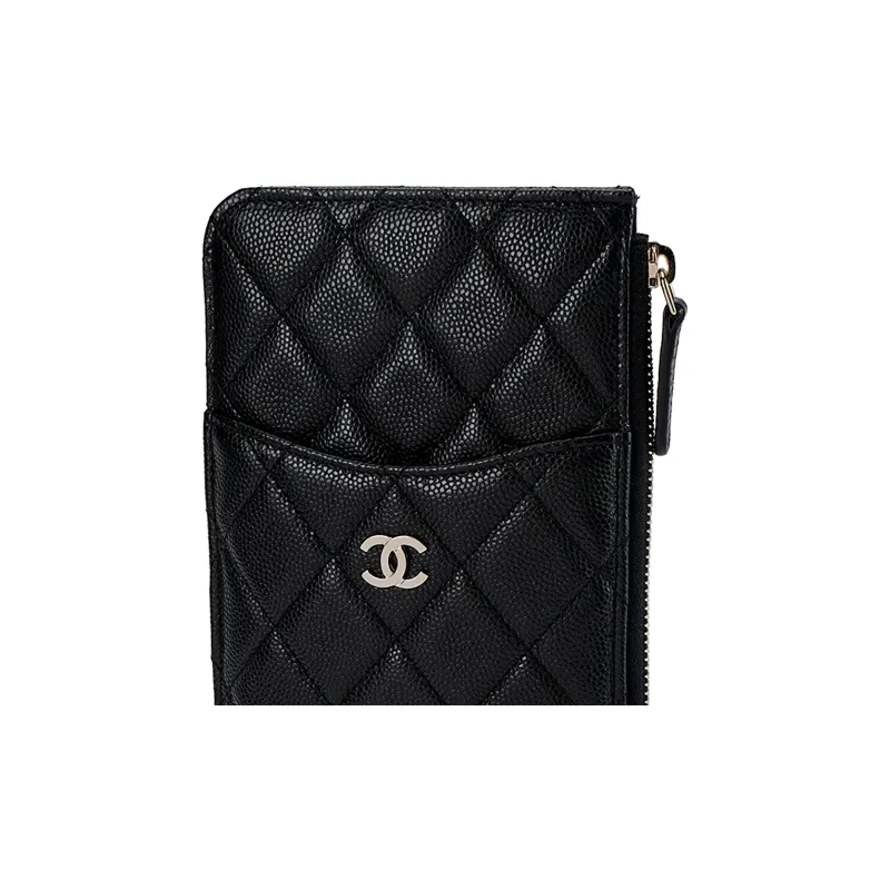 CHANEL Litchi Leather Card Holder Women's Black-4
