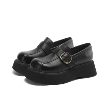 JOSINY Thick Soles High Quality Small Leather Shoes Fashion Versatile Loafers Heel Height 5cm Women's Black