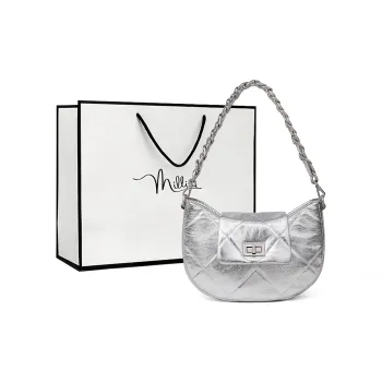 MILLIE'S Cow Leather Patchwork Synthetic Leather Shoulder Bag Women's Silver/Ecru