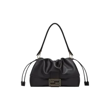 FENDI Baguette Leather Shoulder Bag Large Size Women's Black