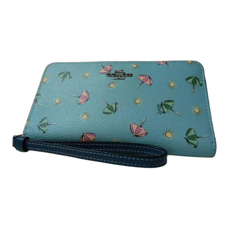 COACH Coated Canvas With Leather Coin Pocket With Wristband, Cell Phone Pouch, Wallet Women's Mint Blue & Black-2
