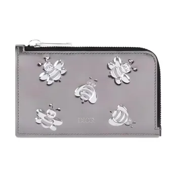 DIOR KAWS Collaboration Calfskin Coin Purses Card Holders Men's Silver