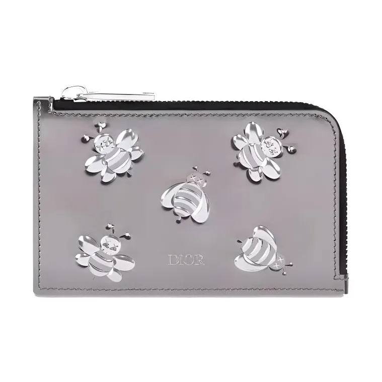 DIOR KAWS Collaboration Calfskin Coin Purses Card Holders Men's Silver-0