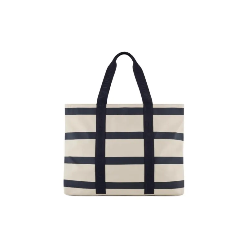 EMPORIO ARMANI Cotton Tote Bag, Shopping Bag, Handbag Large Size Women's Navy Blue & Beige-2