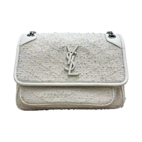 SAINT LAURENT Niki Blend Tweed Patchwork Smooth Leather Hobo Bag Portable Crossbody Bag Shoulder Bag Women's White