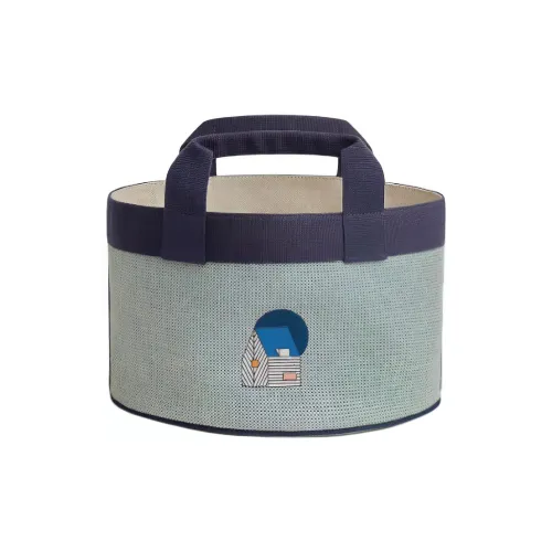 HERMES Embroidery Canvas Storage Bags Handbags Women's 02 Blanc Pale Deep Sea Blue & Mint Green