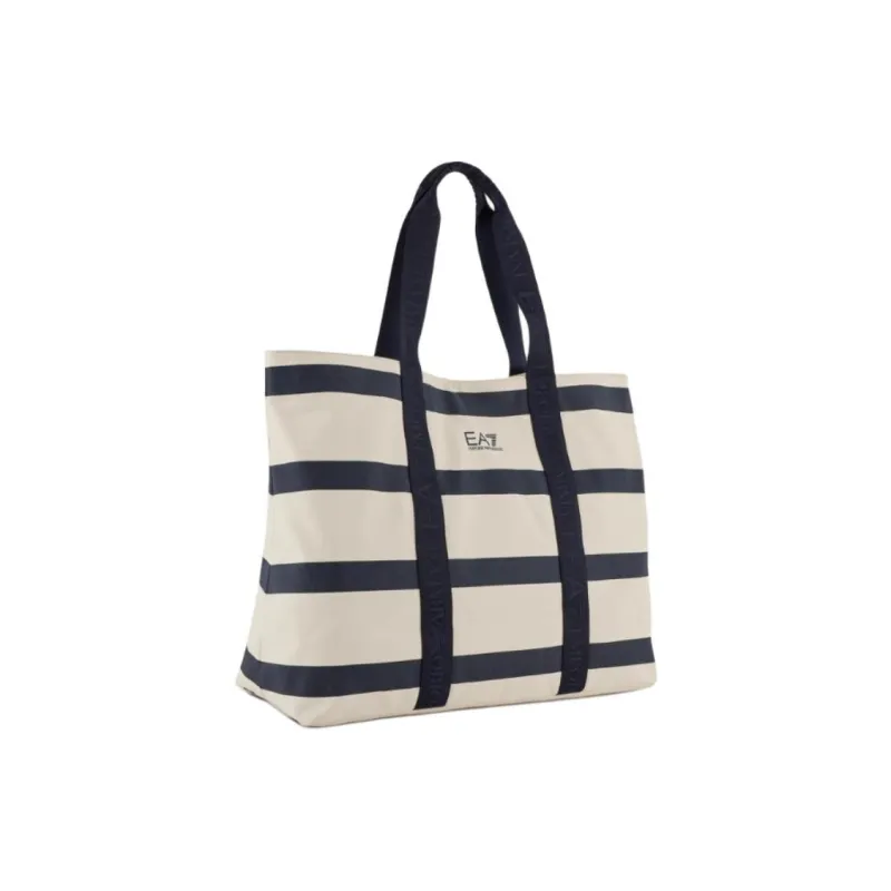 EMPORIO ARMANI Cotton Tote Bag, Shopping Bag, Handbag Large Size Women's Navy Blue & Beige-1