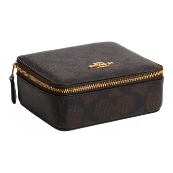 COACH Jewelry Bo Canvas With Leather Jewelry Box Storage Box Large Size Women's Gold & Brown Black