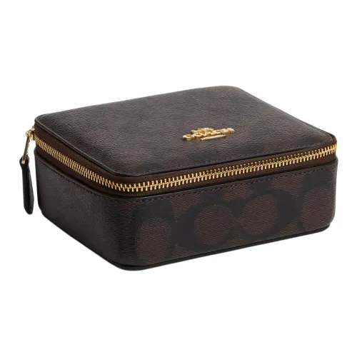 COACH Jewelry Bo Canvas With Leather Jewelry Boxes Storage Boxes Storage Boxes Large Size Women's Gold & Brown Black