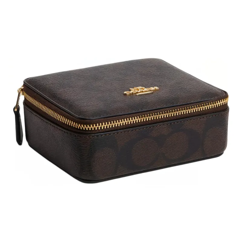 COACH Jewelry Bo Canvas With Leather Jewelry Box Storage Box Large Size Women's Gold & Brown Black-0