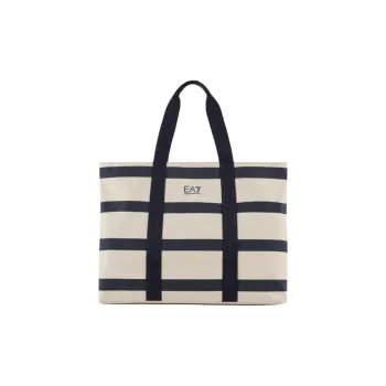 EMPORIO ARMANI Cotton Tote Bag, Shopping Bag, Handbag Large Size Women's Navy Blue & Beige