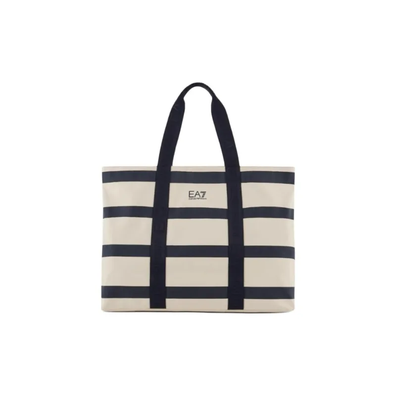 EMPORIO ARMANI Cotton Tote Bag, Shopping Bag, Handbag Large Size Women's Navy Blue & Beige-0