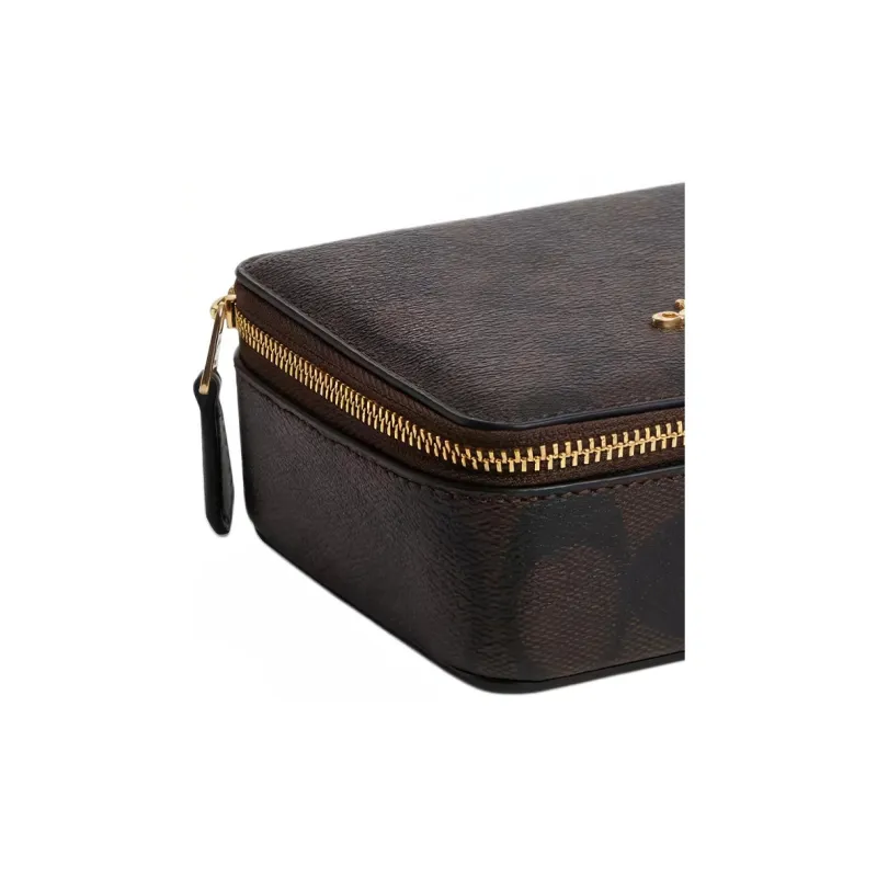 COACH Jewelry Bo Canvas With Leather Jewelry Box Storage Box Large Size Women's Gold & Brown Black-2