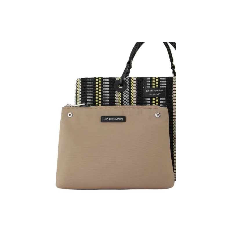 EMPORIO ARMANI Cotton And Polyester Blend Tote Bag Shopping Bag Handbag Medium Size Women's Black & Multicolor-4
