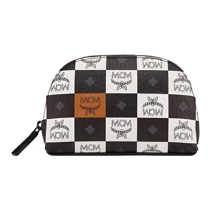 MCM Aren Visetos Canvas With Nappa Leather Trim Toiletry Bag Makeup Bag Medium Size Men's Black White-1