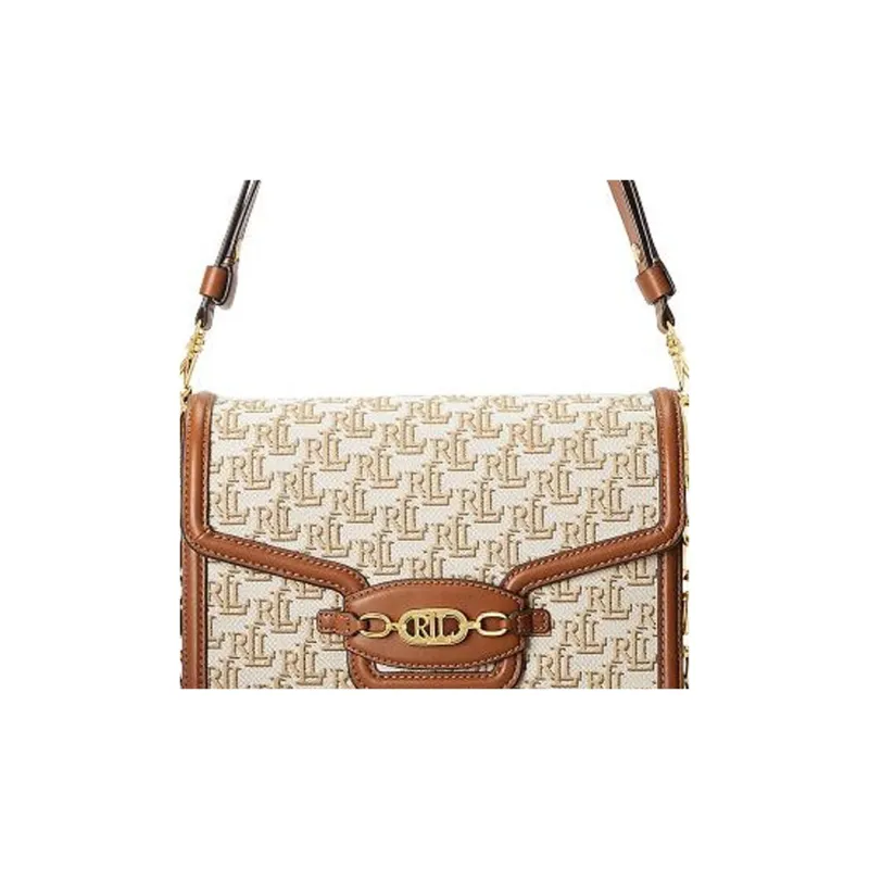 Polo Ralph Lauren Fabric With Cow Leather Patchwork Trim Handbag Shoulder Bag Medium Size Women's Beige/Brown-3