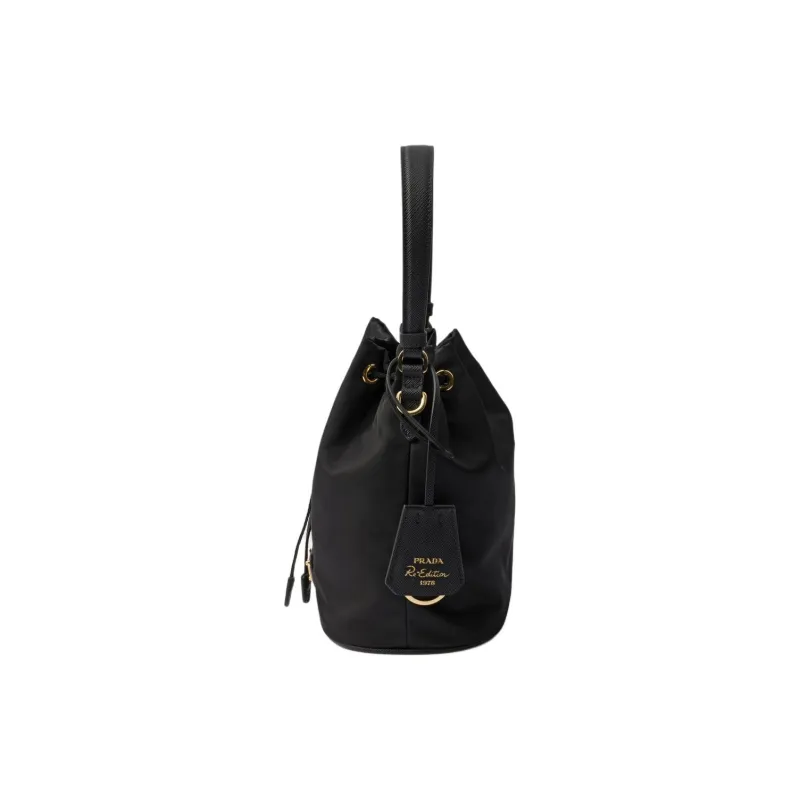 PRADA Re Edition Fabric With Leather Bucket Bag, One Shoulder Handbag Mini Women's Black-2