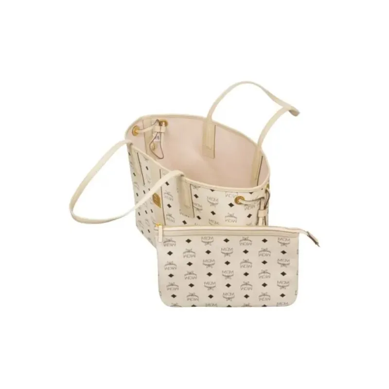 MCM Liz Visetos Canvas Letter Bag, Tote Bag, Shopping Bag, Shoulder Bag Medium Size Women's Beige & Black-4