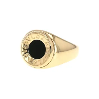 BVLGARI 18kt Yellow Gold Logo engraved Onyx Ring