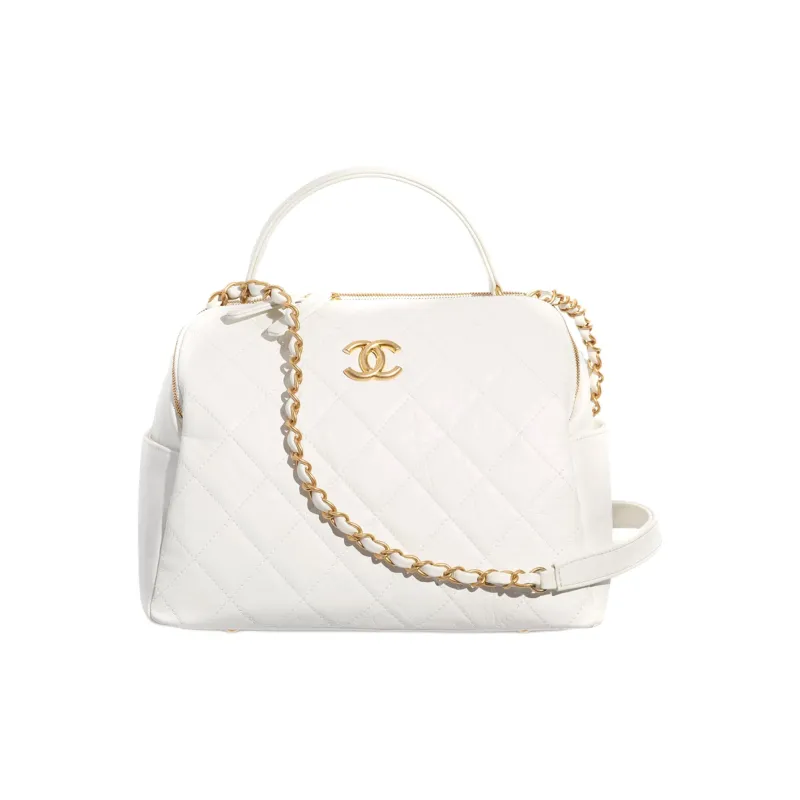 CHANEL Vintage Calfskin Bowling Bag, Doctor Bag, Shoulder Bag, Crossbody Bag, Handbag Women's White-0
