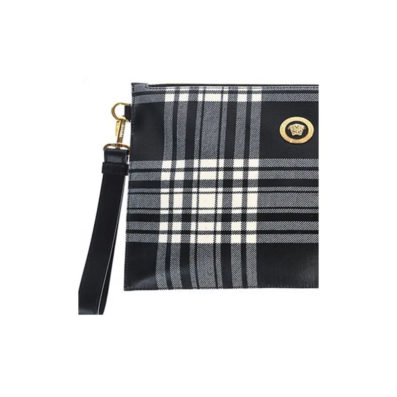 VERSACE Fabric Coin Purse Clutch Men's Black/White Gray Plaid-4