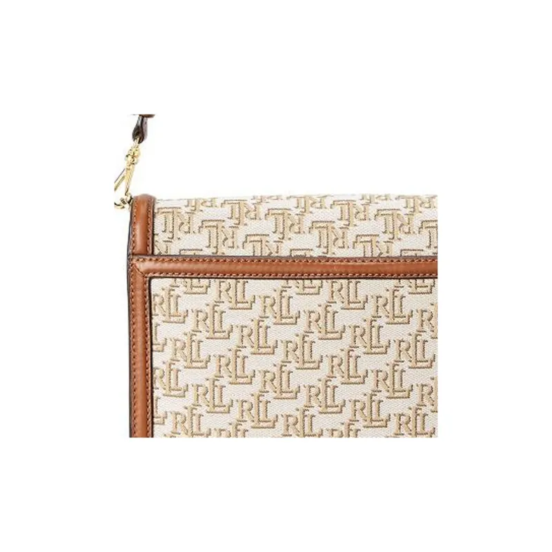 Polo Ralph Lauren Fabric With Cow Leather Patchwork Trim Handbag Shoulder Bag Medium Size Women's Beige/Brown-4