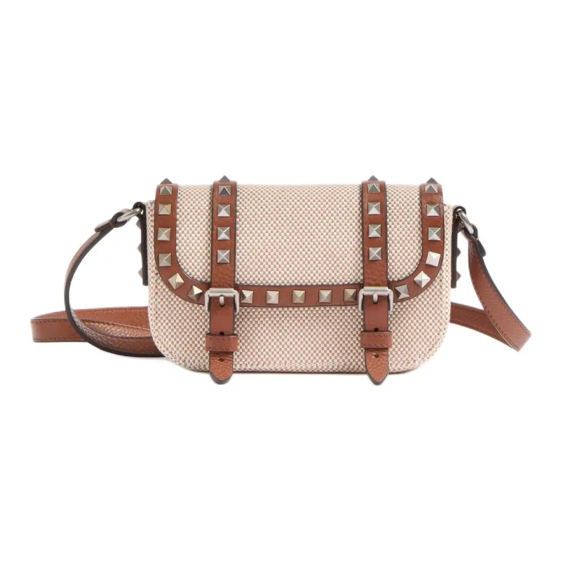 Valentino Canvas Shoulder Bag Mini Men's Natural & Tobacco & Saddle Brown-0