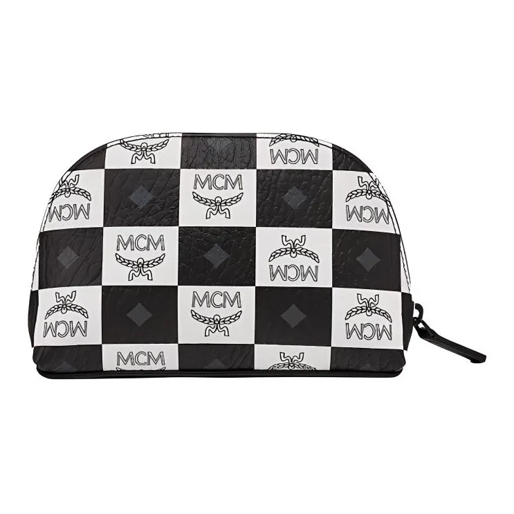 MCM Aren Visetos Canvas With Nappa Leather Trim Toiletry Bag Makeup Bag Medium Size Men's Black White-4