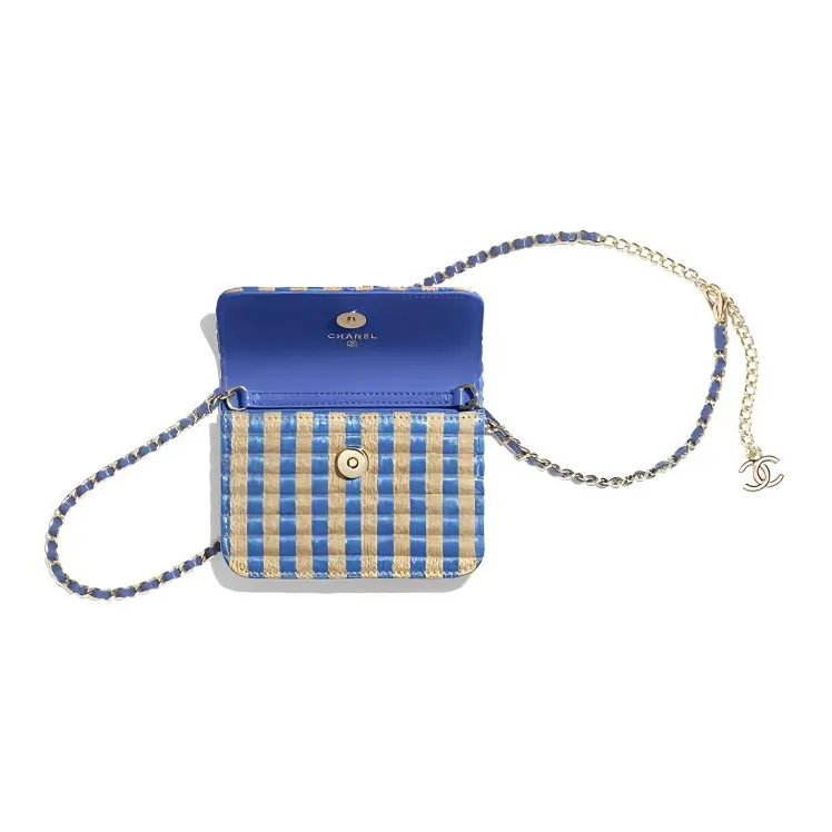 CHANEL Fiber & Yellow Jute Thread & Metal Shoulder Bag, Crossbody Bag, Fanny Pack Trumpets Women's Blue/Beige-4