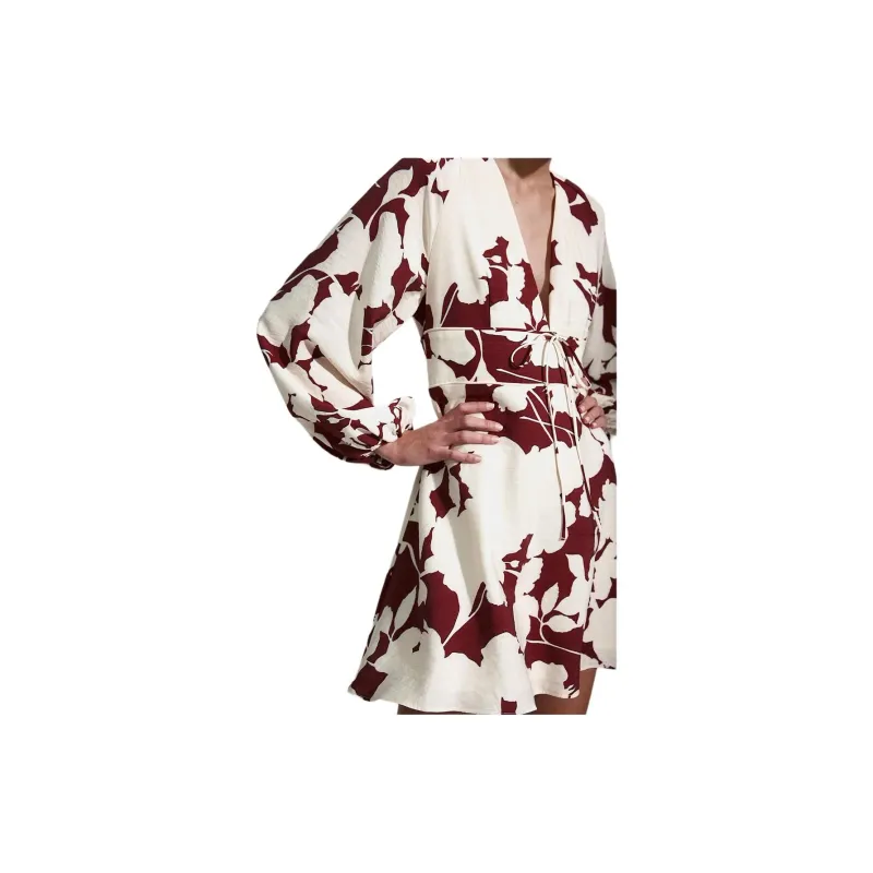 H&M Long-Sleeved Dresses Women's Deep Red/Cream Floral-4