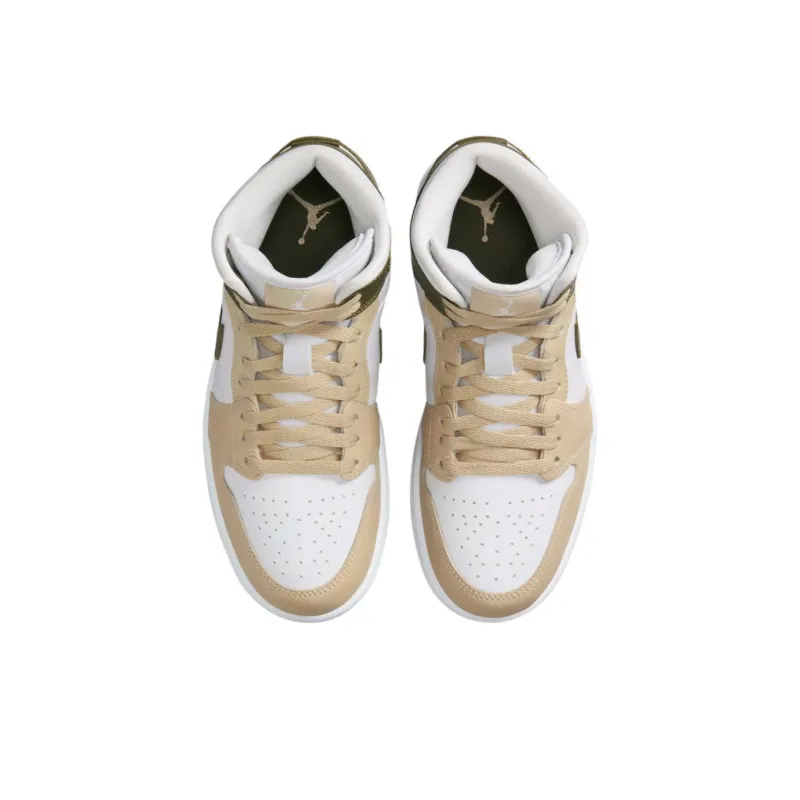 Jordan Air Jordan 1 Anti Slip Wear Resistant Mid Top Vintage Basketball Shoes Women's White Tan Olive Green-3
