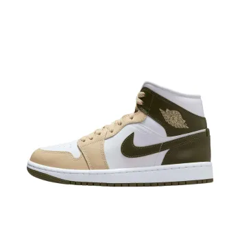 Jordan Air Jordan 1 Anti Slip Wear Resistant Mid Top Vintage Basketball Shoes Women's White Tan Olive Green