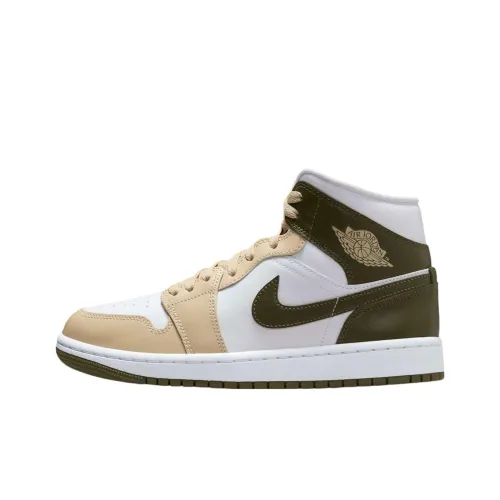 Jordan Air Jordan 1 Anti Slip Wear Resistant Mid Top Vintage Basketball Shoes Women's White Tan Olive Green